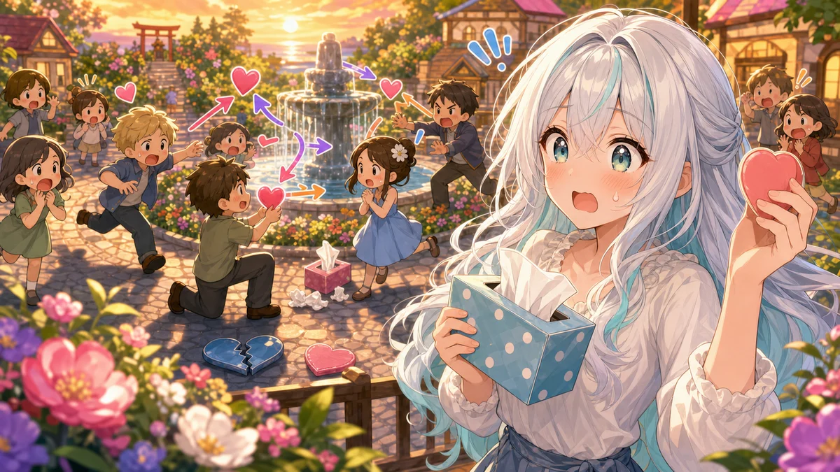 噴水前で告白ラッシュとライバル乱入に驚くオリジナル女性キャラクターのイメージ