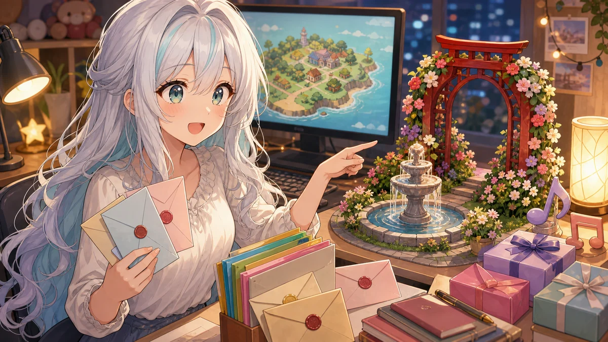 概要欄の告知メモと恋愛成就の神社案を整理するオリジナル女性キャラクターのイメージ