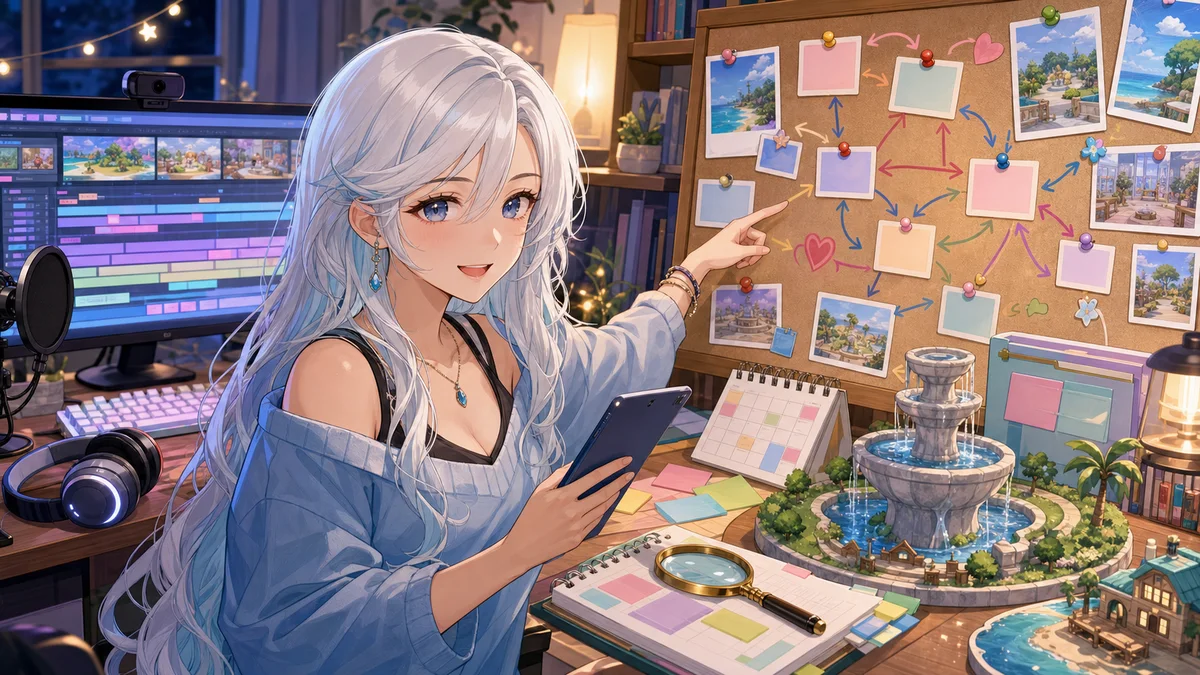 白髪の女性キャラクターが相関メモと公式リンクを整理しながら配信アーカイブの流れを確認するイメージ