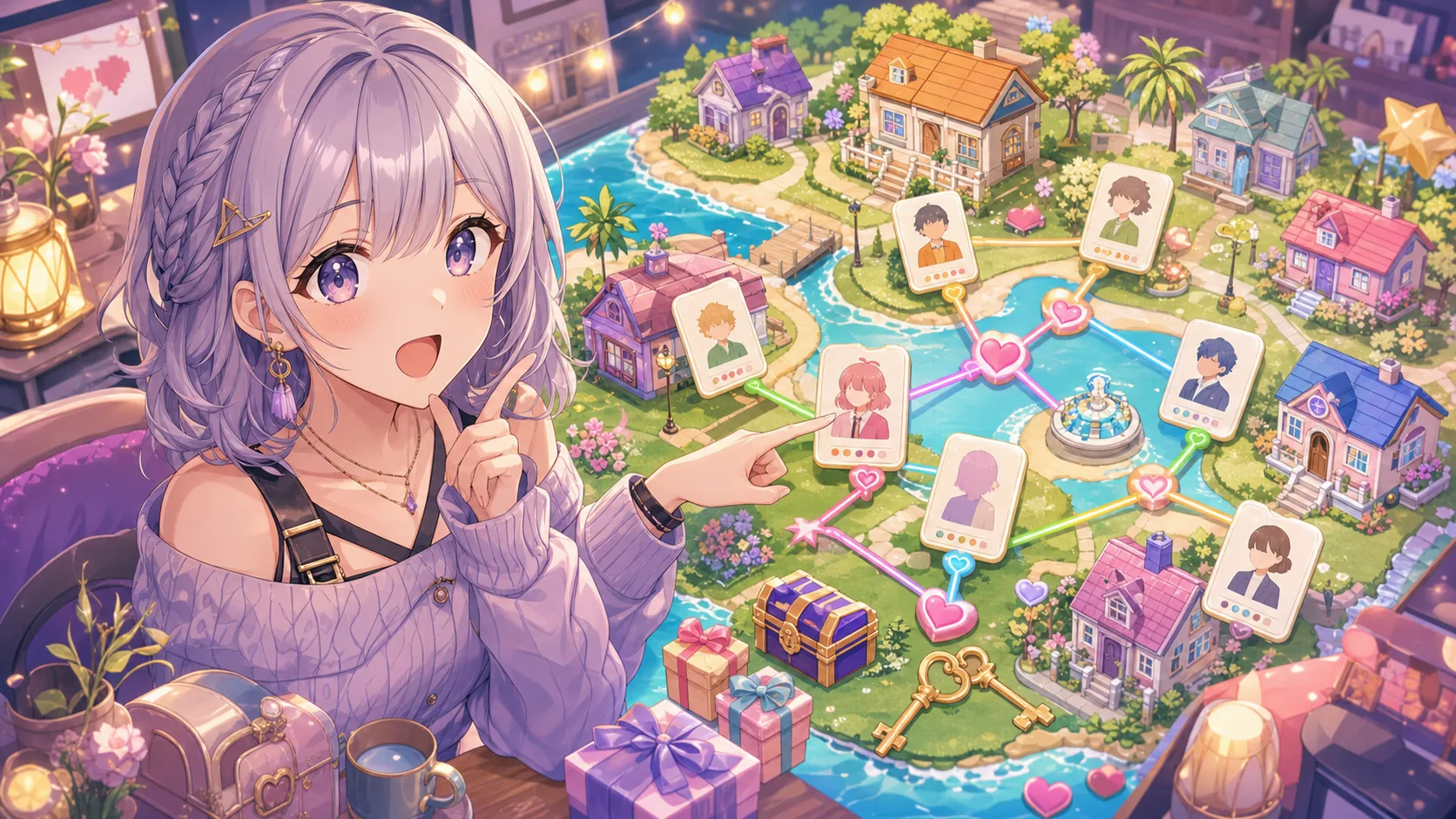 TeamsPurple合流で住民カードと島の家を確認するオリジナルイラスト