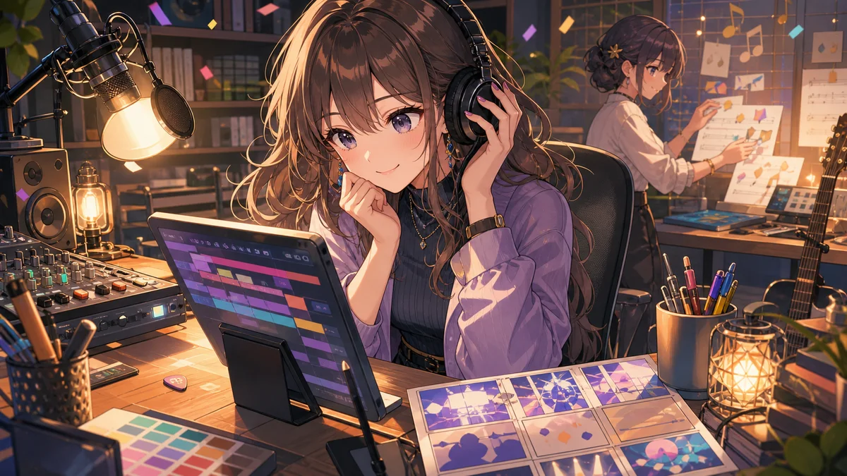 動画編集机にイラスト原稿、抽象的なタイムライン、ヘッドホンが並ぶ成人女性キャラクターのイラスト