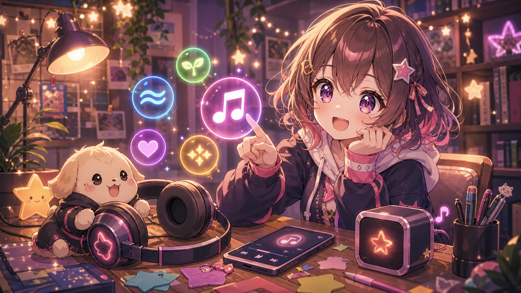 配信部屋の机にヘッドホン、音楽アプリの端末、光る音符アイコンが並ぶ成人女性キャラクターのイラスト