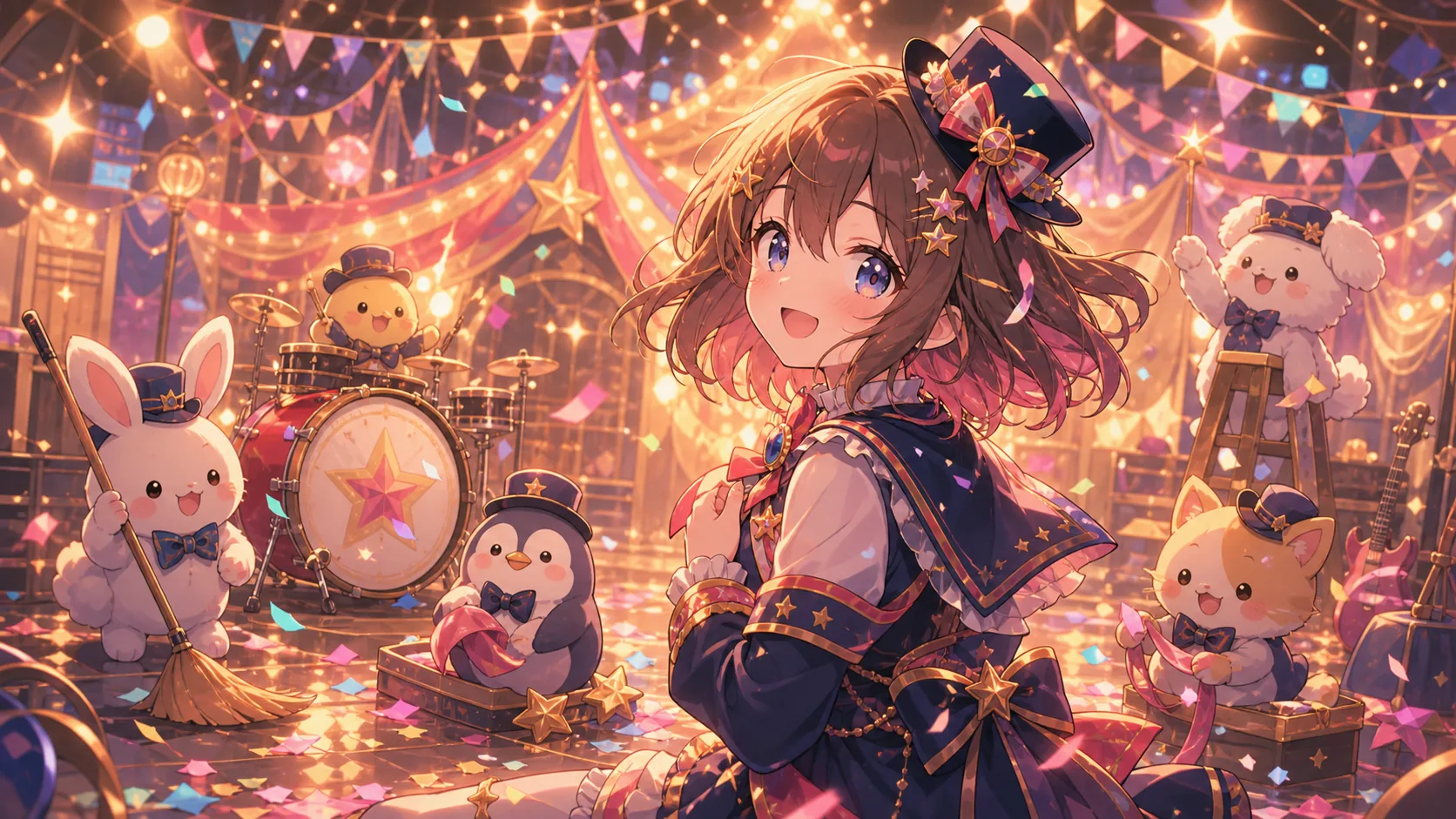 紙吹雪の舞うサーカス風ステージで音楽小物と小さなマスコットに囲まれる成人女性キャラクターのイラスト