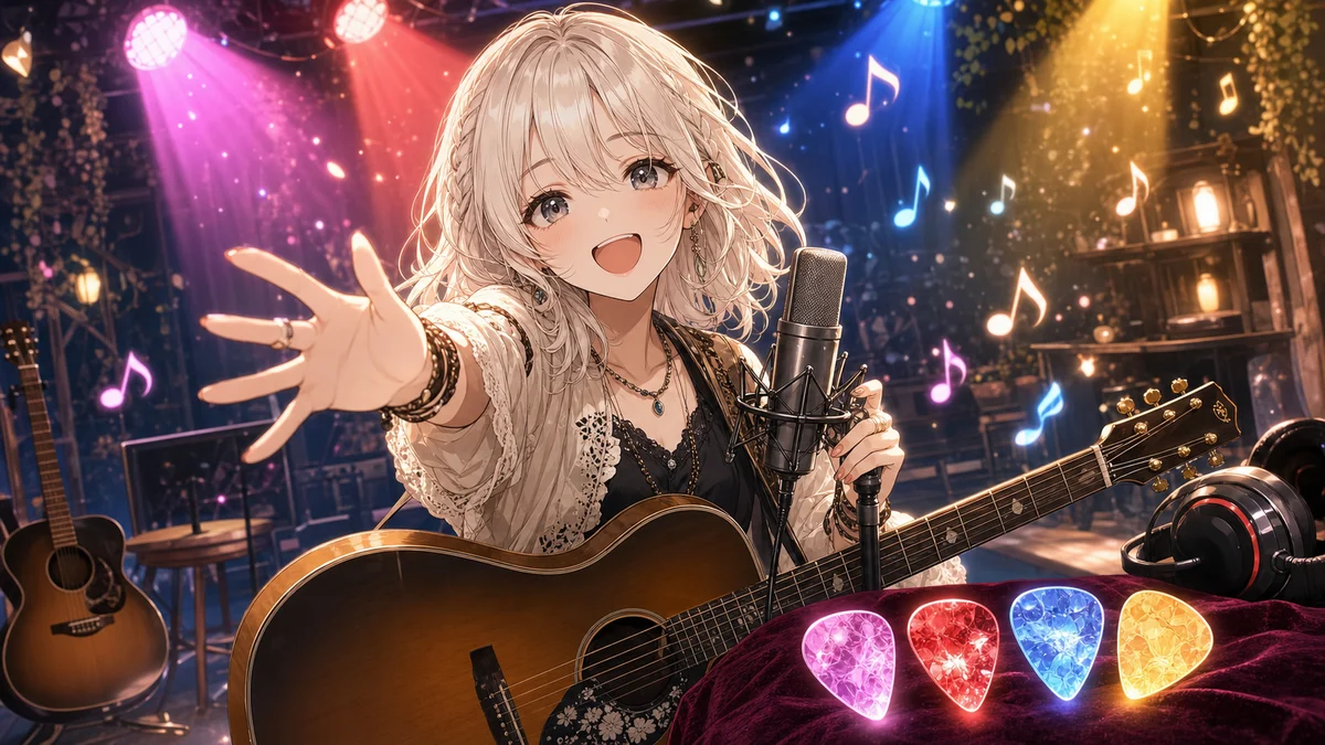 ステージライトの下で4つの色違いギターピックとマイクを前にするオリジナル女性キャラクターのイメージ