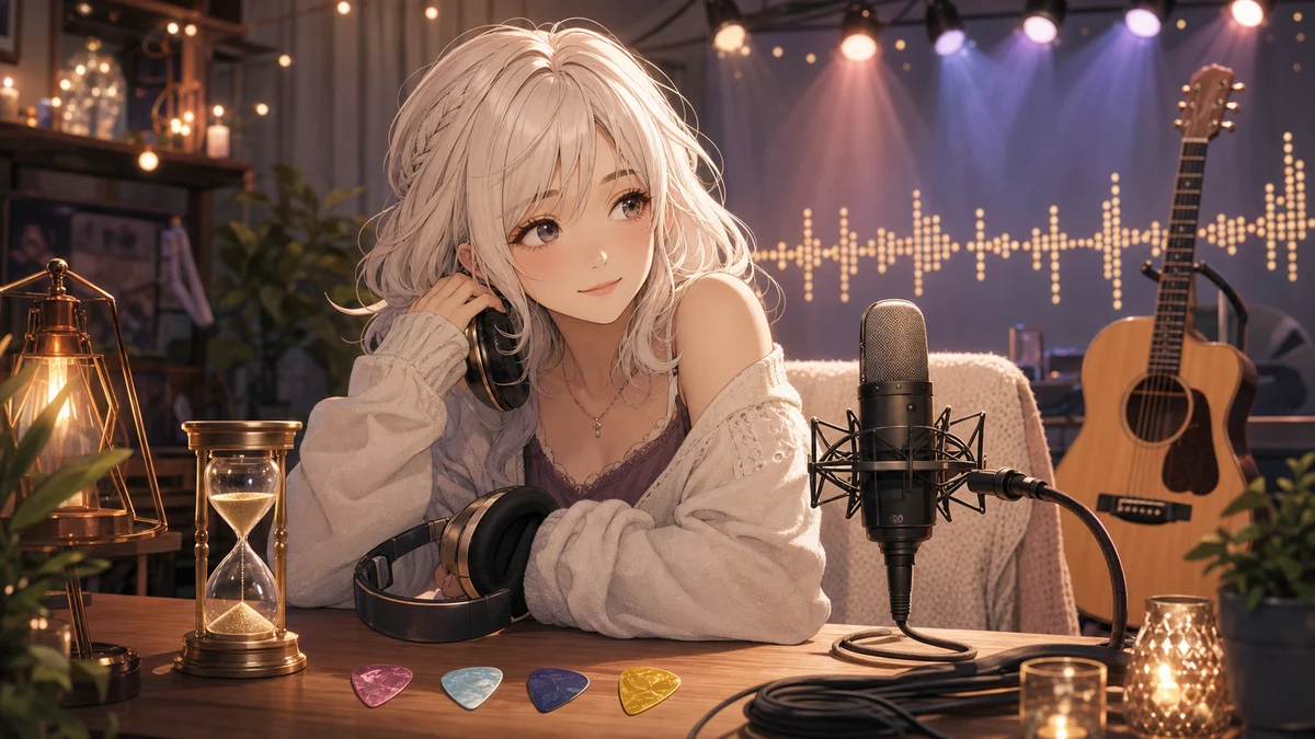 短いアーカイブを示す光の波形とギターを前にヘッドホンを置くオリジナル女性キャラクターのイメージ