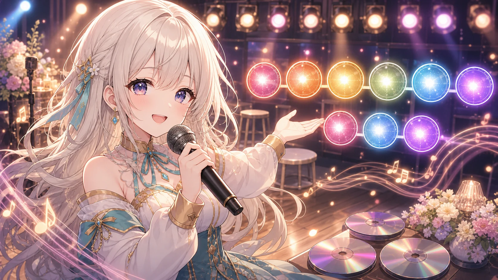 ライブ歌枠のセトリノートとマイクを囲むオリジナルキャラクターのイメージ