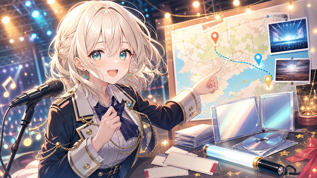 ステージ導線の地図とCDケースを前に次の現場を示すオリジナルキャラクターのイメージ