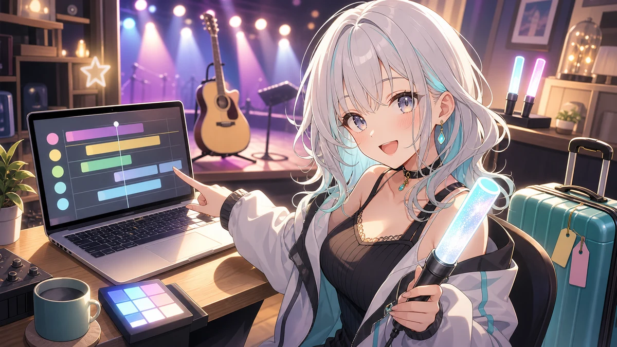 抽象的な動画タイムラインを示す女性キャラクターとペンライト、ギター、スーツケース