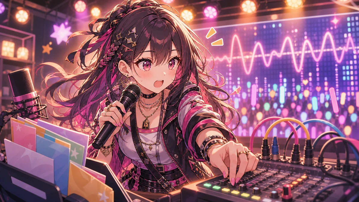 ステージ上で音源カードを選び直し、コメント欄の光を見ながら歌へ戻るオリジナル女性キャラクターのイメージ