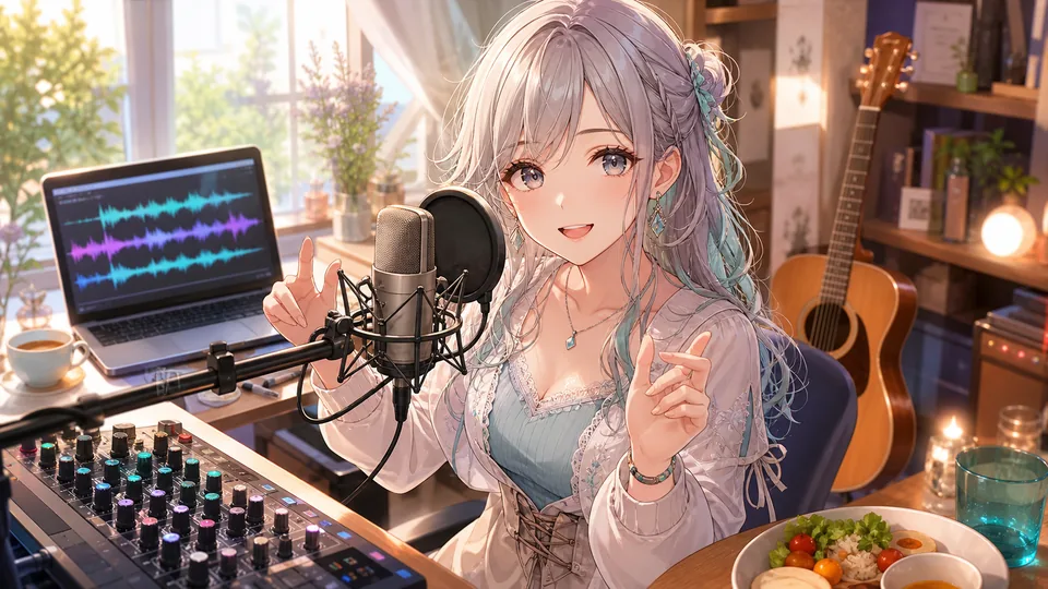 レンタルマイクを前に昼の歌枠を始めるオリジナル女性キャラクターのイメージ