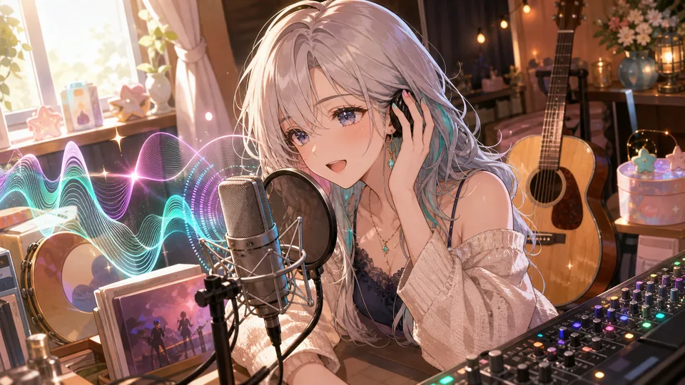 低音の響きを確かめながらカラオケ音源に合わせて歌うオリジナル女性キャラクターのイメージ