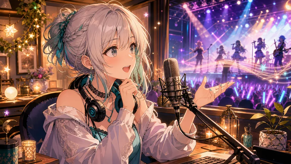 小さなライブステージと配信部屋を背景に次のステージを思い描くオリジナル女性キャラクターのイメージ