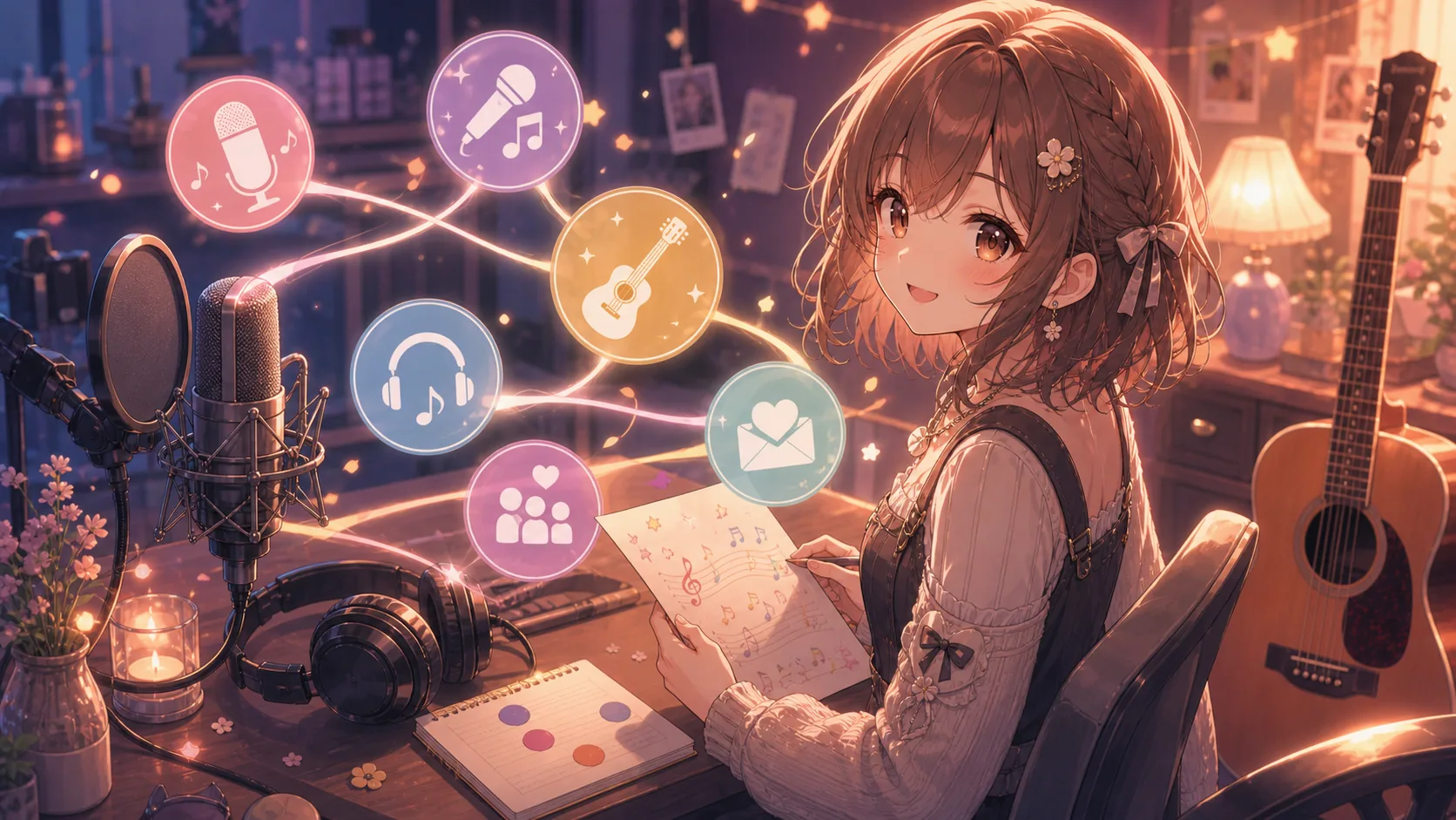 音楽チャンネルの机でギター、マイク、カレンダー、丸いSNS風アイコンを並べるオリジナルキャラクターのイメージ