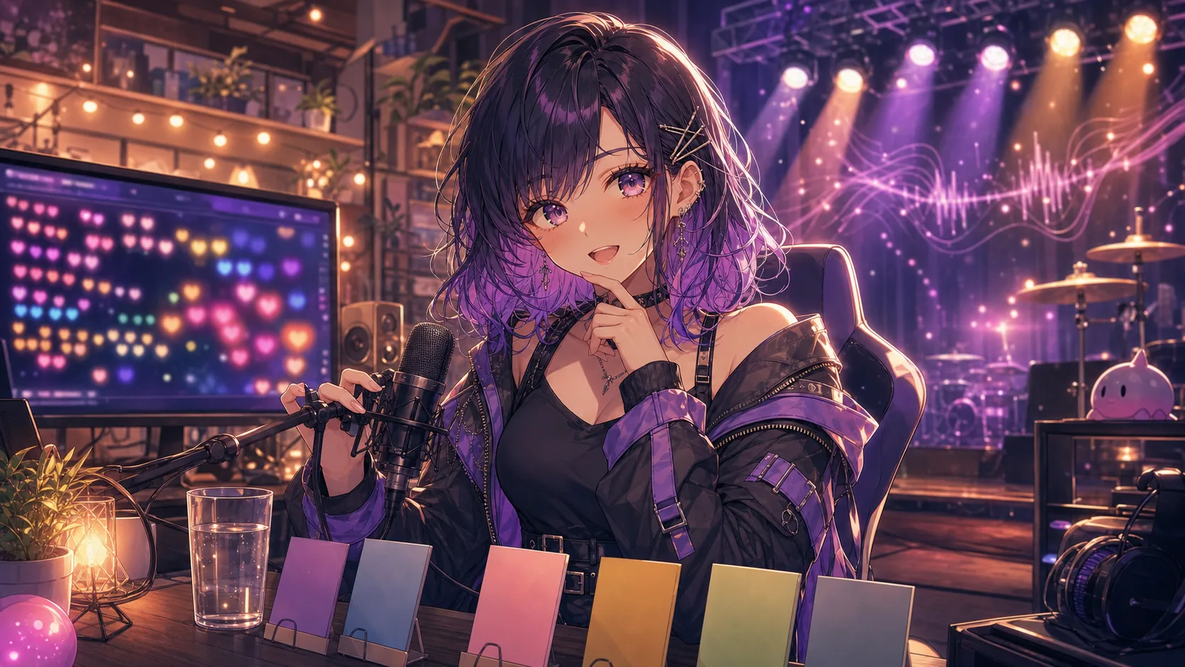 ハートの反応が流れるモニターと色分けされたカードの前で、女性キャラクターが次の曲を考える配信机