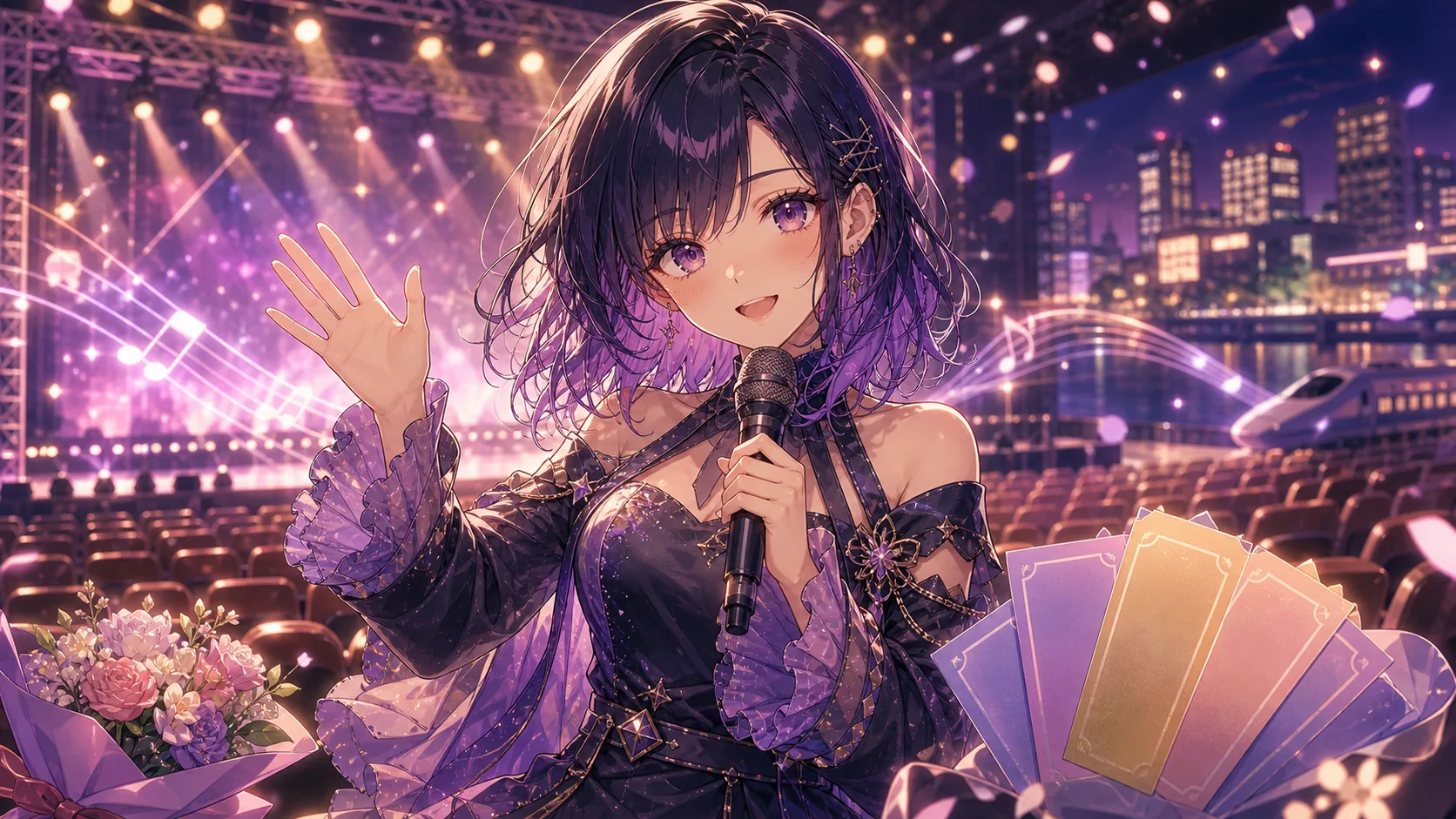客席と夜景を望むステージで、女性キャラクターがチケット風の紙を持って手を振る終盤の案内場面
