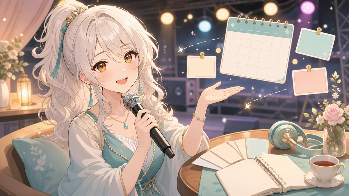 ステージ袖の机でマイクを持つ女性キャラクターがカードとノートを前に曲順を説明している