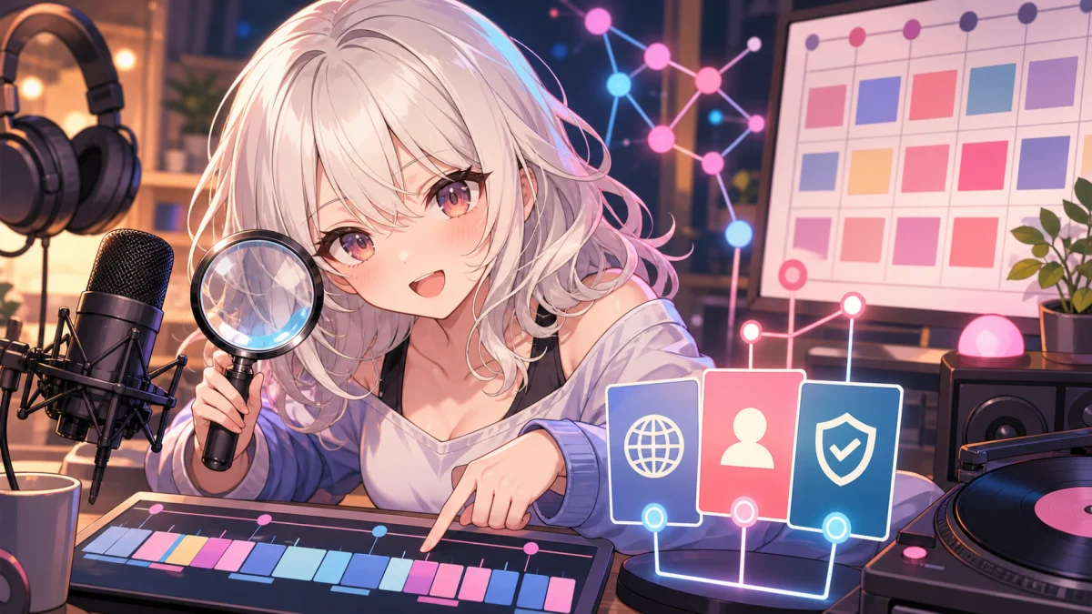 白髪の女性キャラクターがマイクや虫眼鏡のある机で色分けされたタイムラインと確認カードを見ている