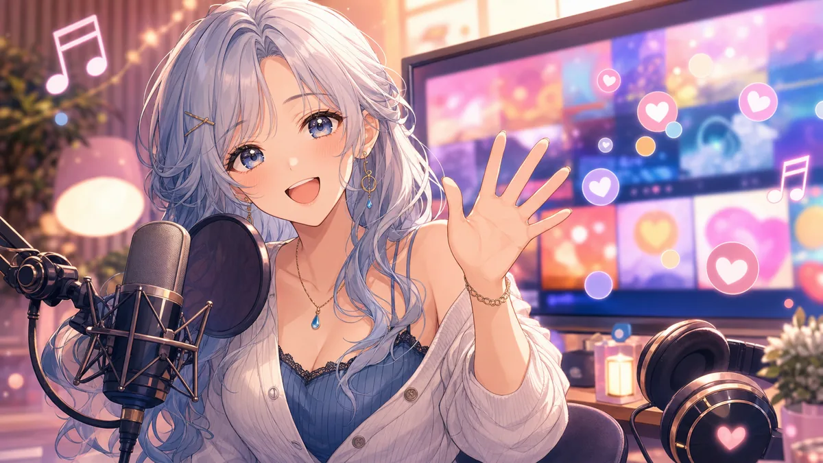 マイクとヘッドホンの前で手を振る女性キャラクターの配信部屋イラスト