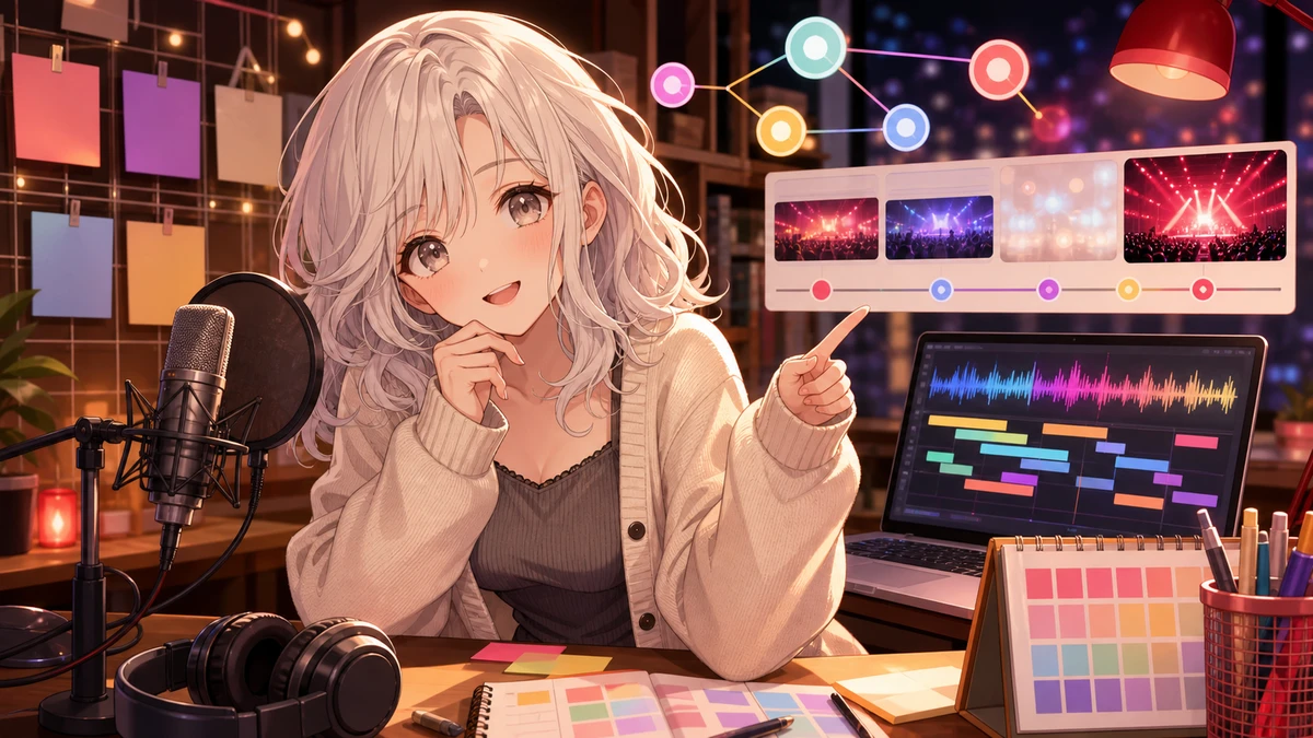 配信部屋のマイク横で抽象的な波形タイムラインとカレンダーを見比べる女性キャラクターのイラスト