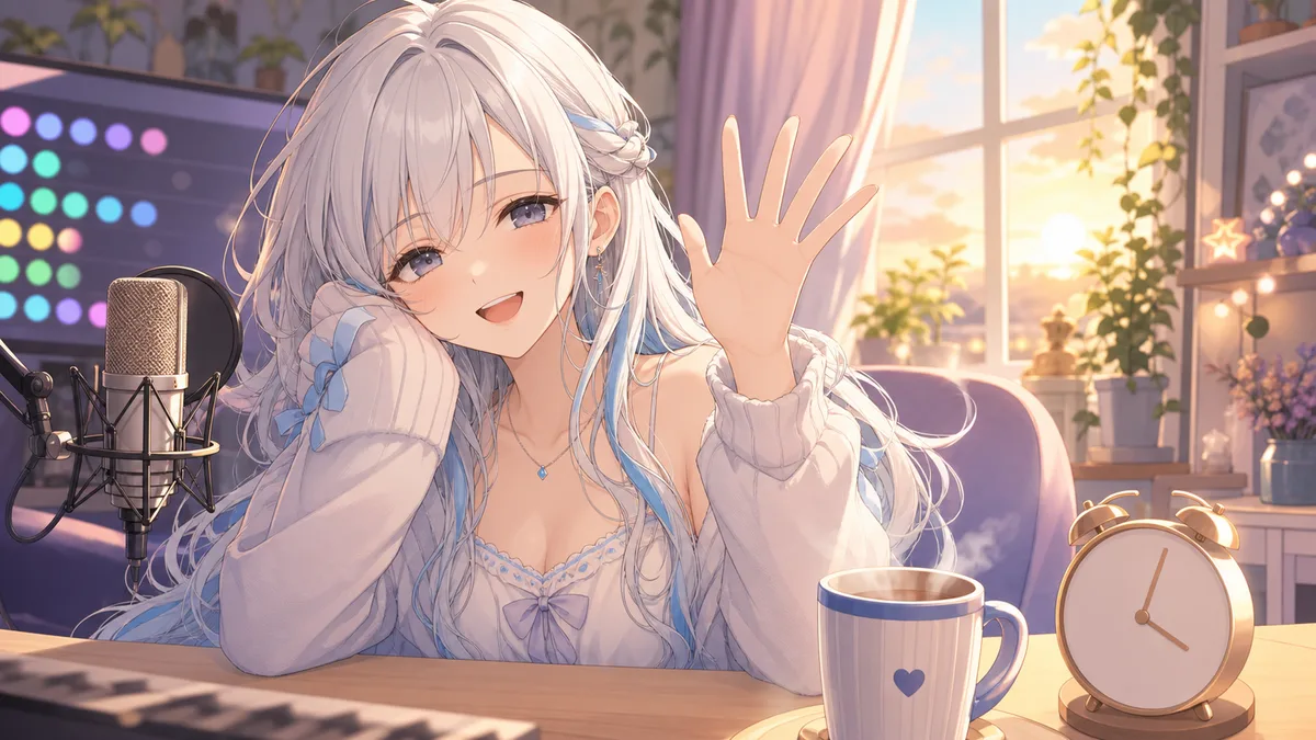 朝8時の配信部屋で眠そうに手を振る女性キャラクター