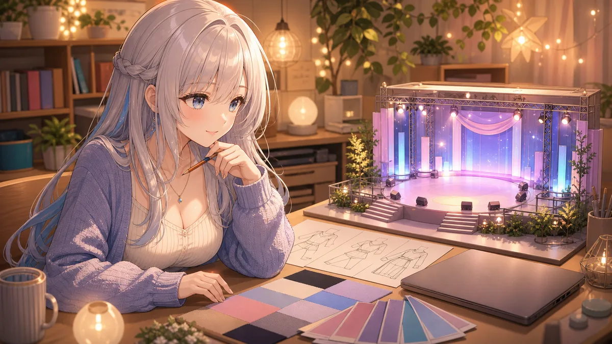 小さなステージ模型と衣装スケッチを見つめる女性キャラクター