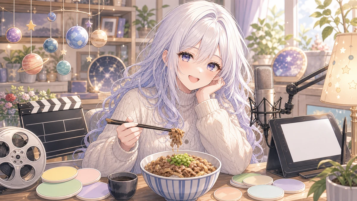 牛丼の器と映画グッズの棚を前に楽しそうに話す女性キャラクターのイメージ