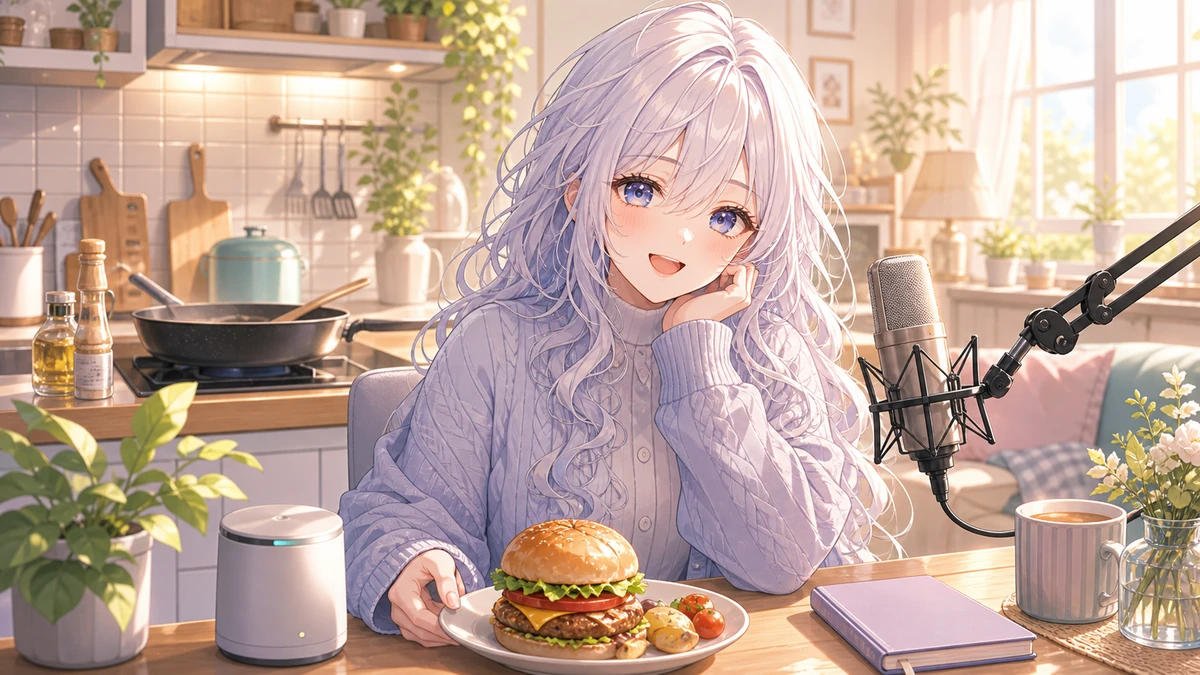 キッチンのメモと小さな見守りロボットを並べて日曜朝の雑談をする女性キャラクターのイメージ