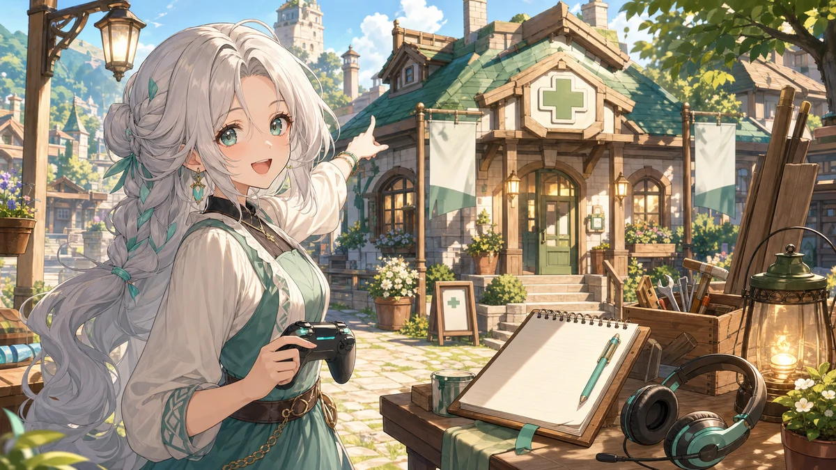 復旧したポケセンと開拓メモを前に配信準備を整えるオリジナル女性キャラクターのイメージ