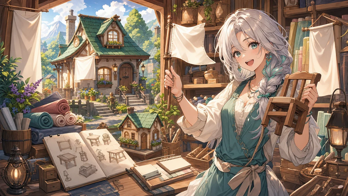 旗を立てた小さな家と家具メモを囲んで拠点づくりを楽しむオリジナル女性キャラクターのイメージ
