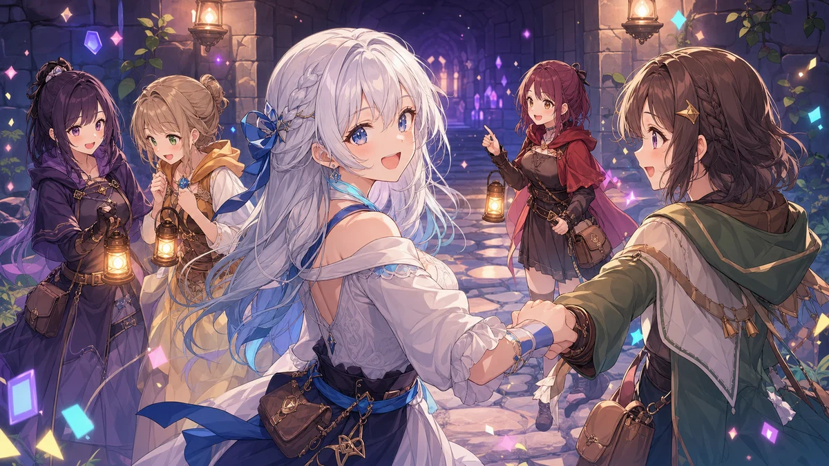 明るい探索拠点で4人の女性キャラクターが手を取り合うイメージ