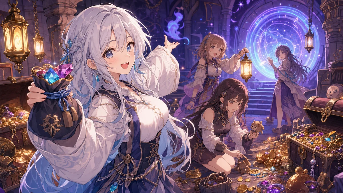 宝箱と小物を前にワープ装置へ戻る女性キャラクターのイメージ