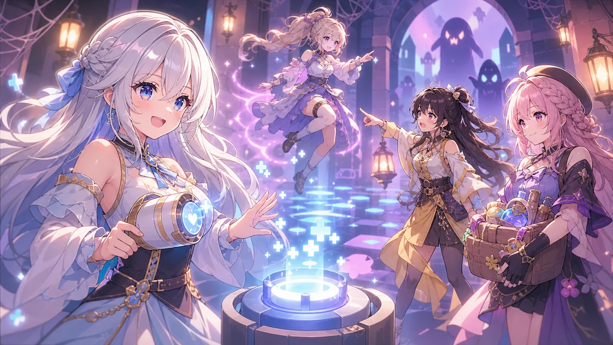 回復小物と飛行する仲間を見上げながら探索する女性キャラクターのイメージ
