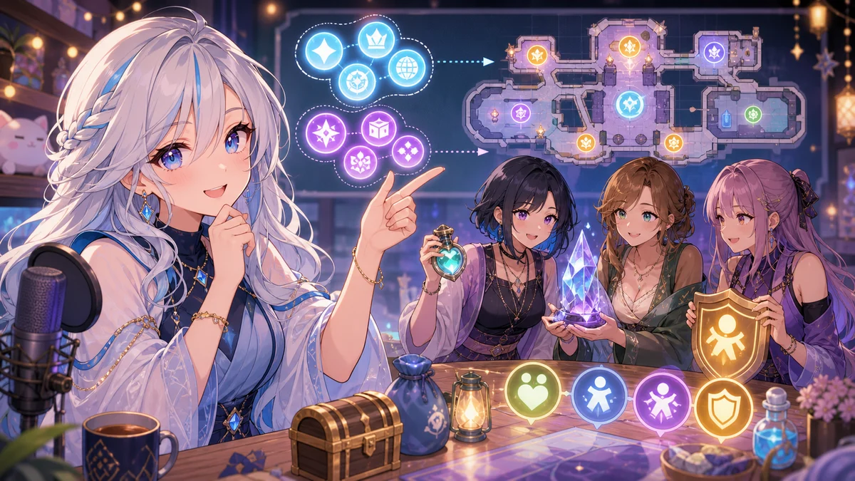 配信画面風の抽象背景で公式導線と探索道具を整理する女性キャラクターのイメージ