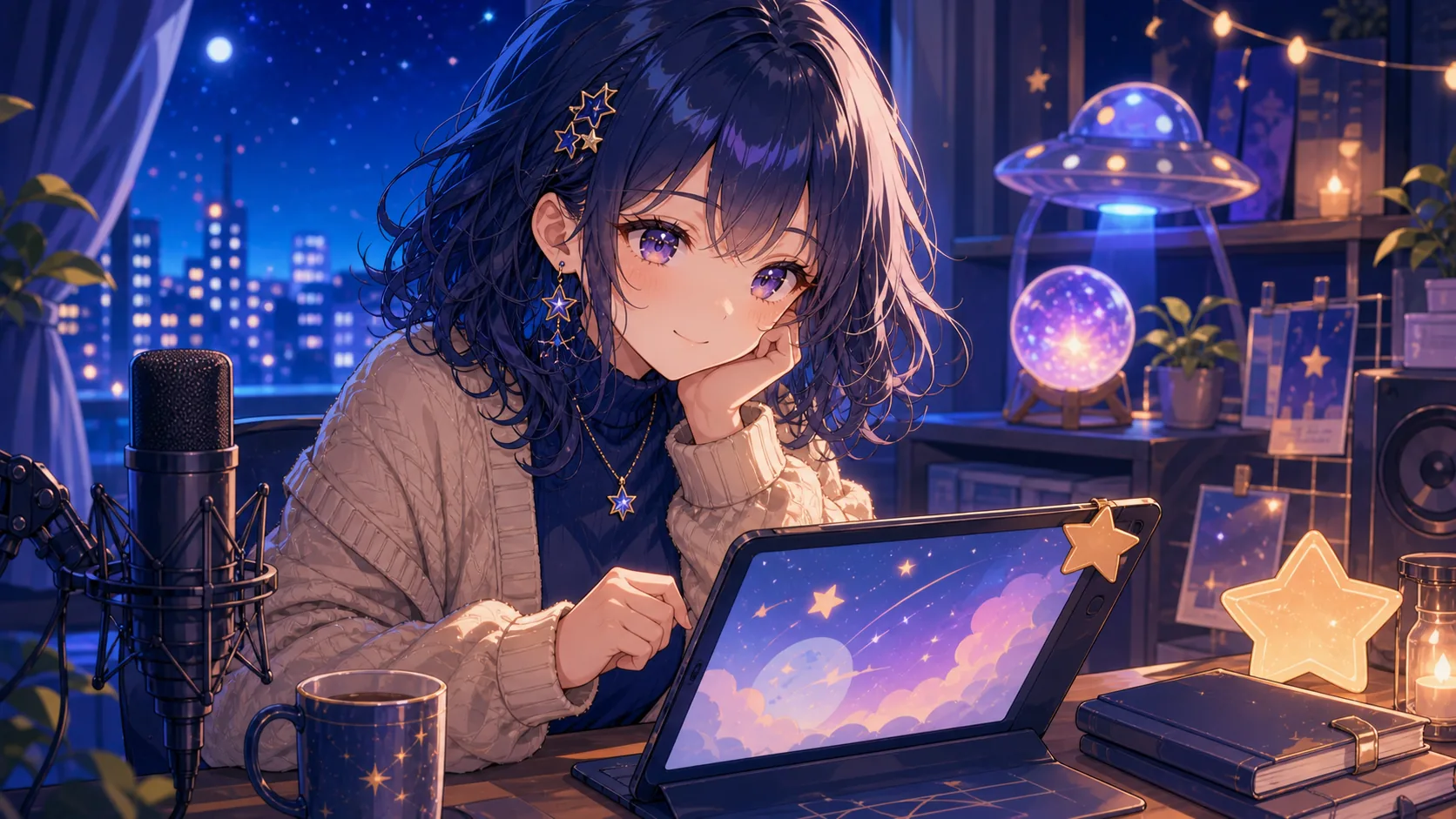 活動終了後の歌ってみたアーカイブを星空の部屋で見返すオリジナル女性キャラクターのイメージ