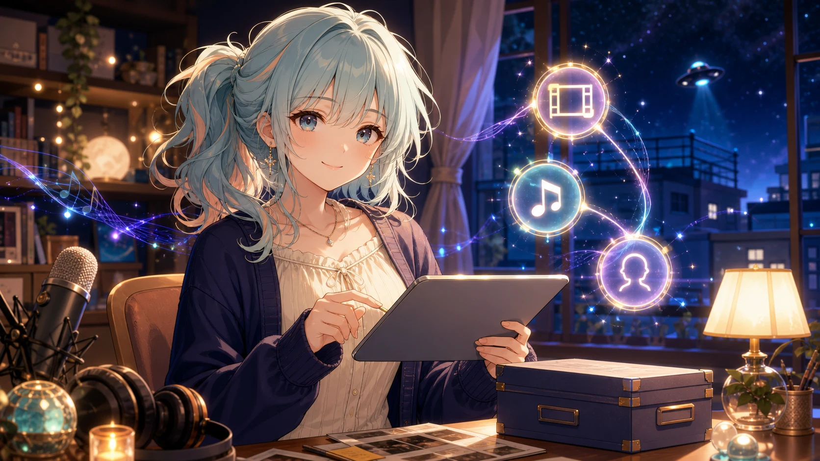 青い窓辺のアーカイブ室でマイクと星図を前に資料を整理する女性キャラクターのイメージ