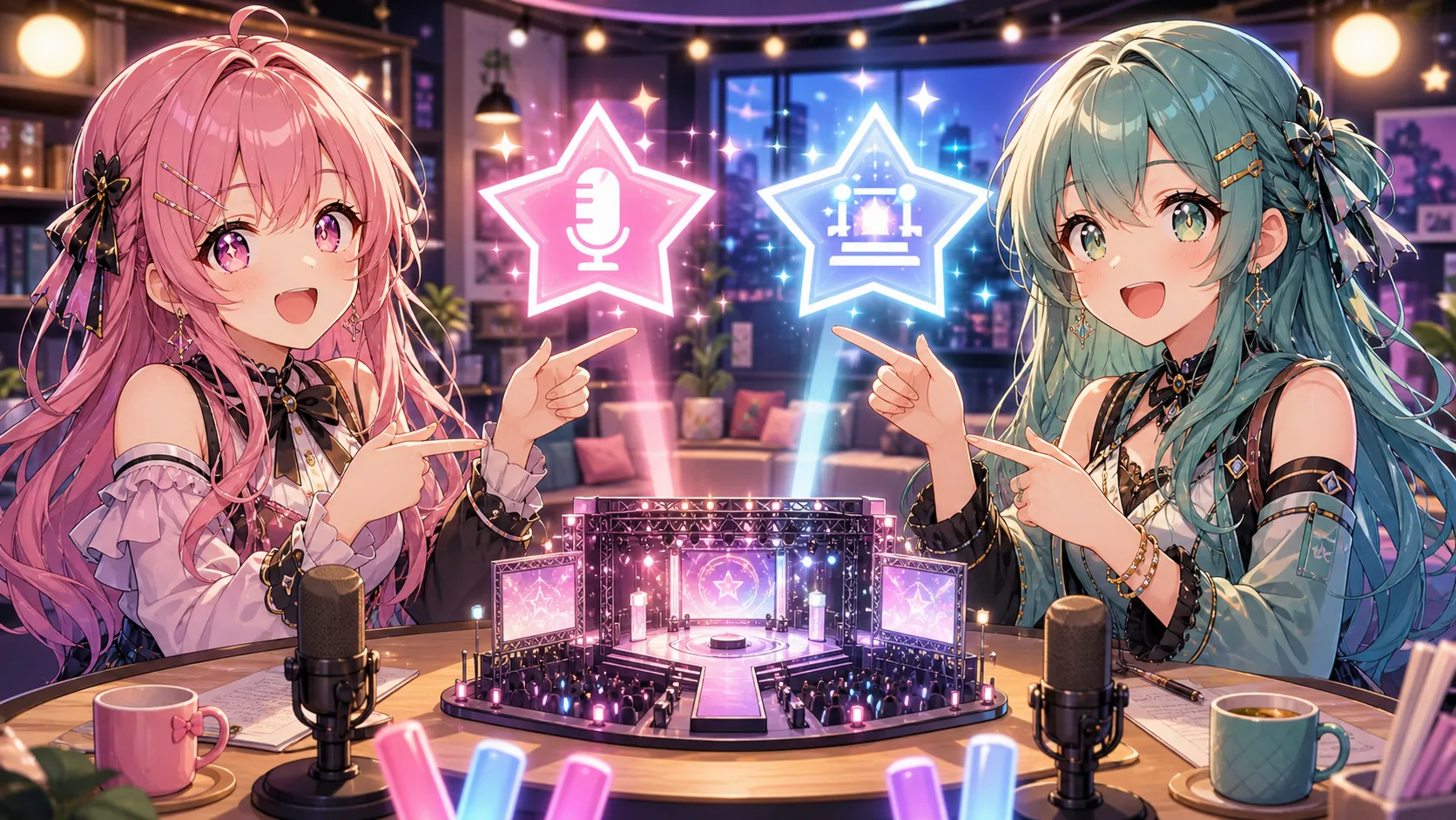 3D配信を振り返る明るいスタジオでカレンダーと小さなステージ模型を囲むオリジナル女性キャラクターたちのイメージ