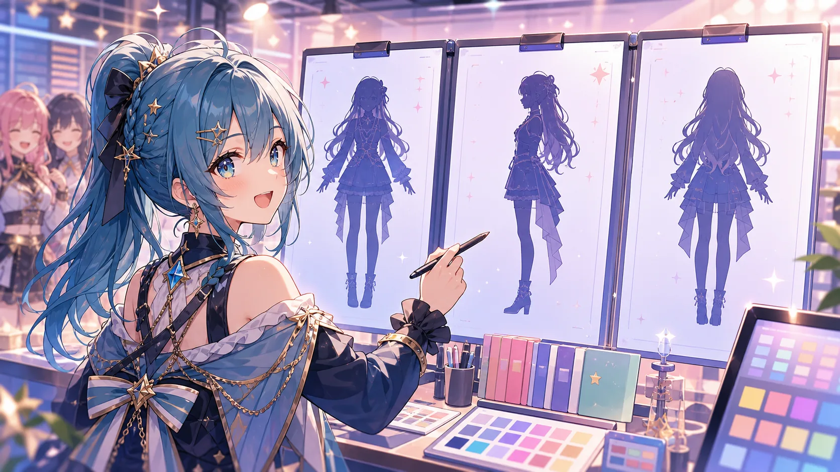 デザイン資料と3Dステージ照明を前に衣装のシルエットを確認するオリジナル女性キャラクターのイメージ