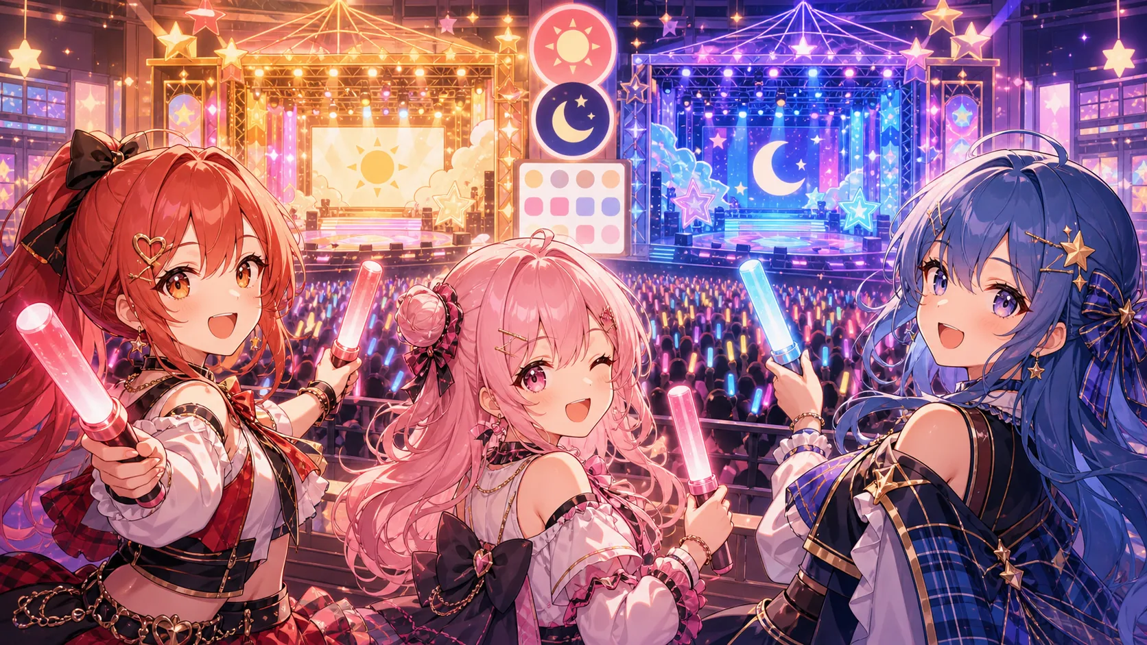 秋葉原のライブ会場を思わせる明るいステージでペンライトとカレンダーを手にするオリジナル女性キャラクターたちのイメージ