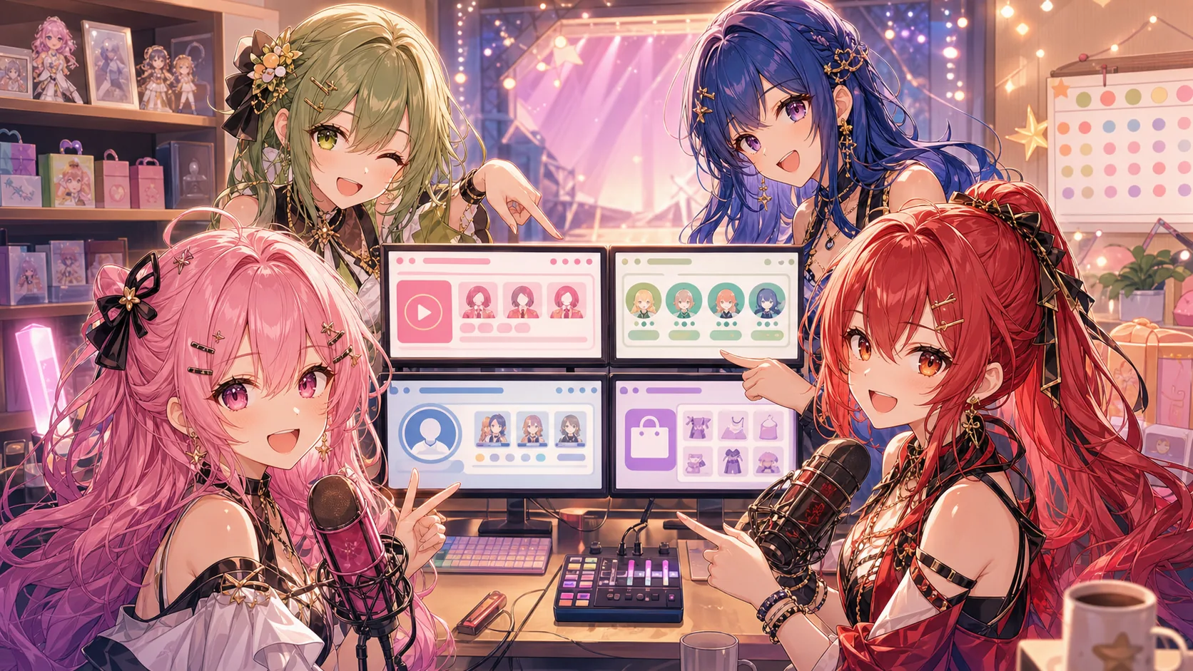 配信ルームで公式チャンネル画面と小さなBOOTH風の棚を見ながら予定表を確認するオリジナル女性キャラクターたちのイメージ