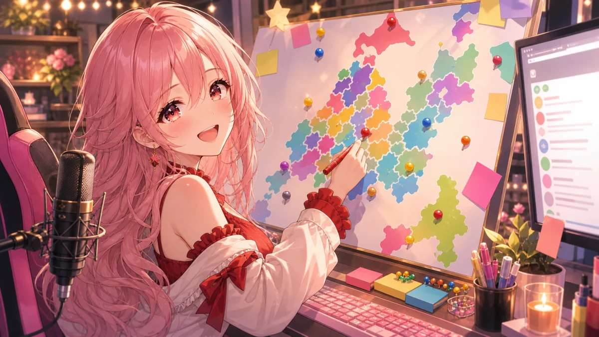 明るい配信部屋で地図ボードを指しながらコメントを読む女性キャラクター