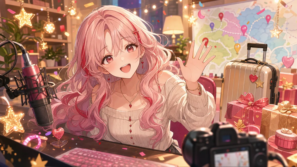 記念イラストを飾る棚とカレンダーを背景に嬉しそうに手を振る女性キャラクター
