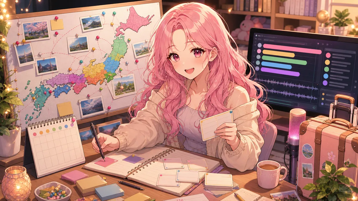 地図と配信メモを並べた机で確認用の画面を見比べる女性キャラクター