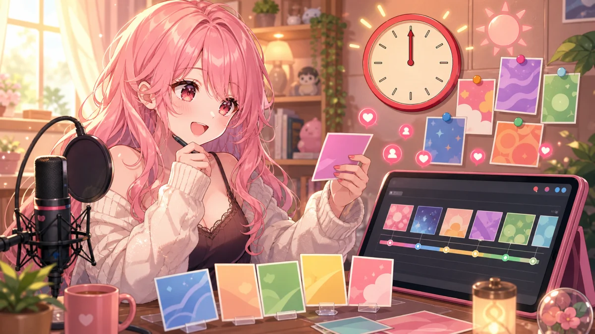 朝の配信机で推薦カードと正午の時計を見ながらアニメ企画の流れを整理する女性キャラクターのイメージ