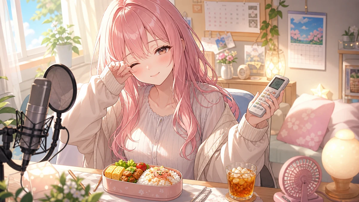 朝の配信机に弁当箱、冷たいお茶、カレンダーを置いた明るい部屋で笑うピンク髪の女性キャラクターのイメージ