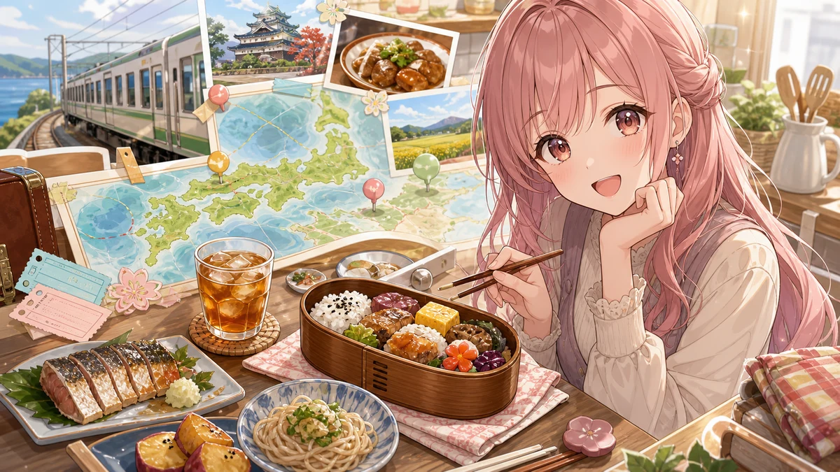弁当箱とご当地料理の小皿が並ぶ明るいキッチンで、旅行メモを眺める女性キャラクターのイメージ