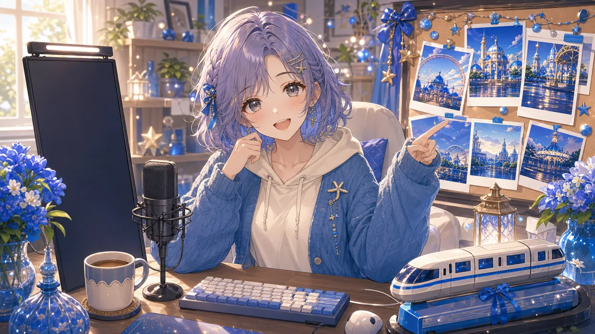 青い装飾のパークを思い出しながら朝の配信机で話すオリジナル女性キャラクターのイメージ