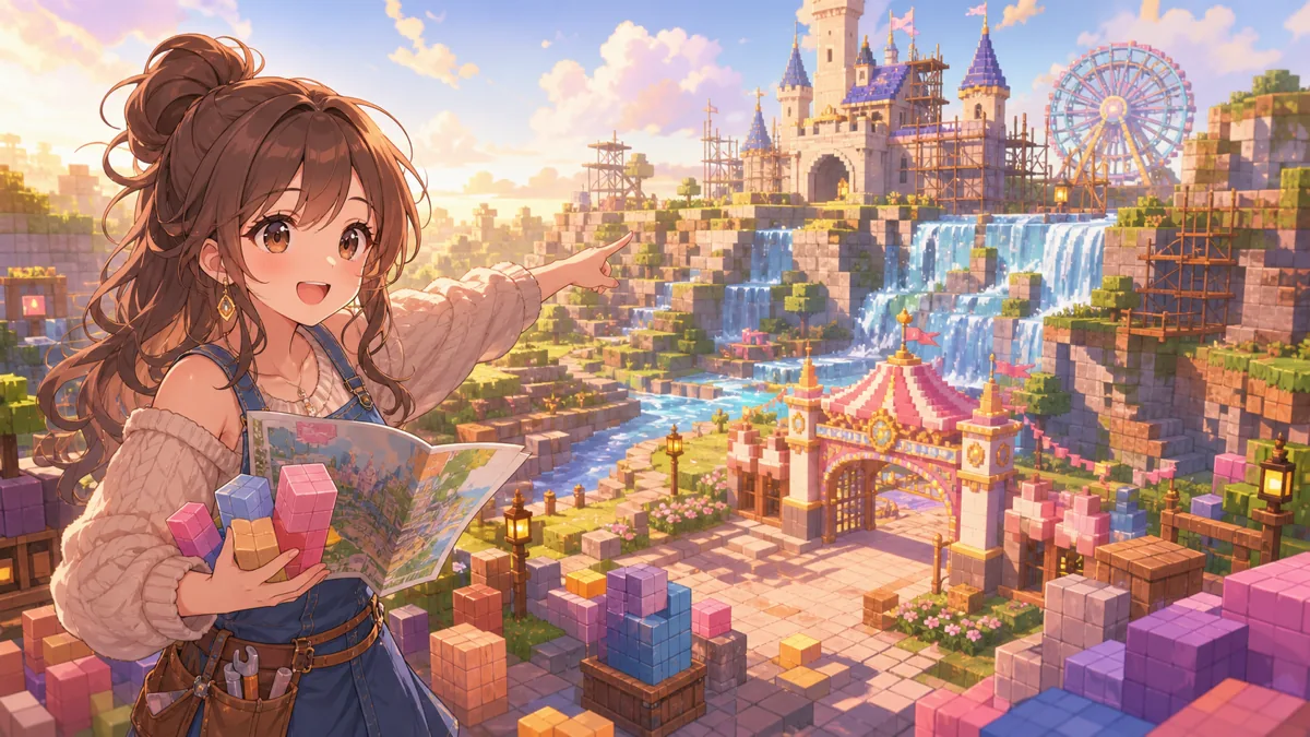 遊園地予定地で城と滝の配置を考えるオリジナルキャラクターのイメージ
