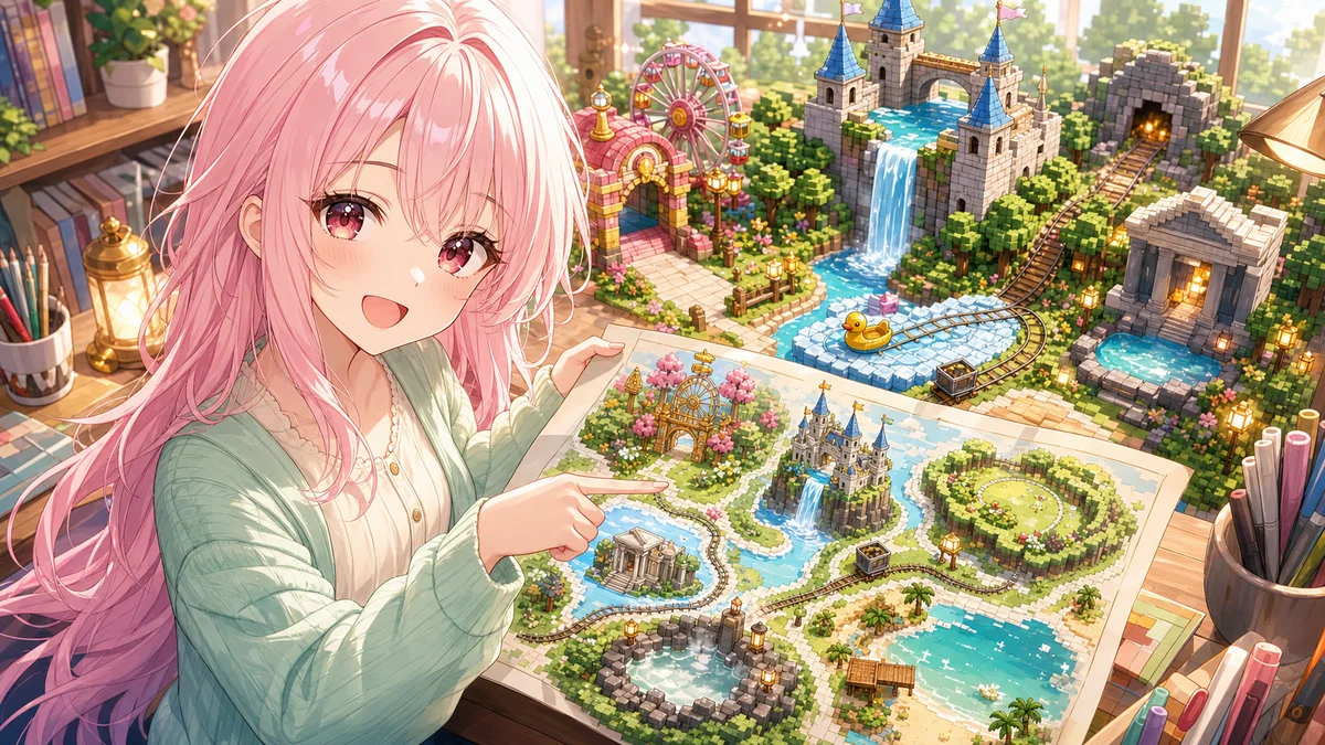 地図と小さな建築模型を前に行き先を整理するオリジナルキャラクターのイメージ