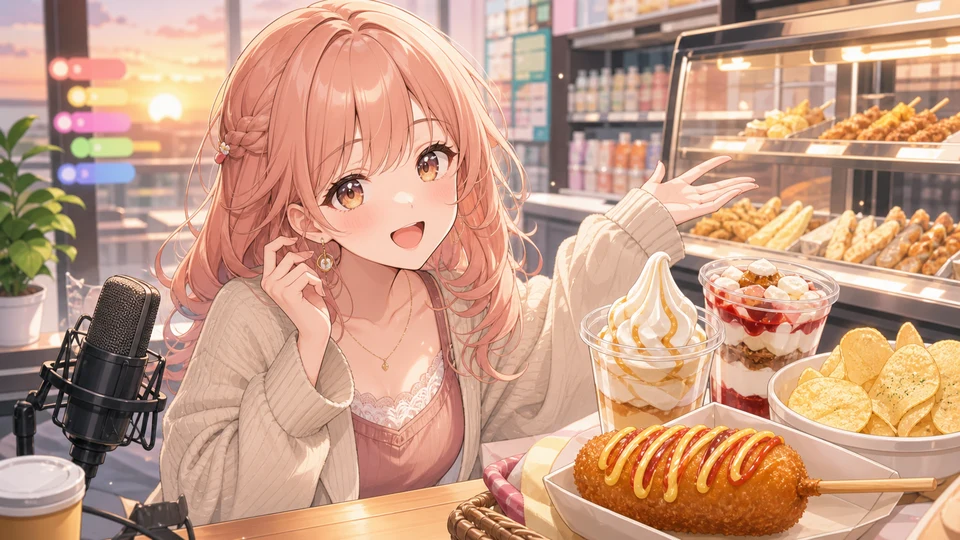 ミニストップ系のスイーツとホットスナックを前に朝の雑談をするオリジナル女性キャラクターのイメージ