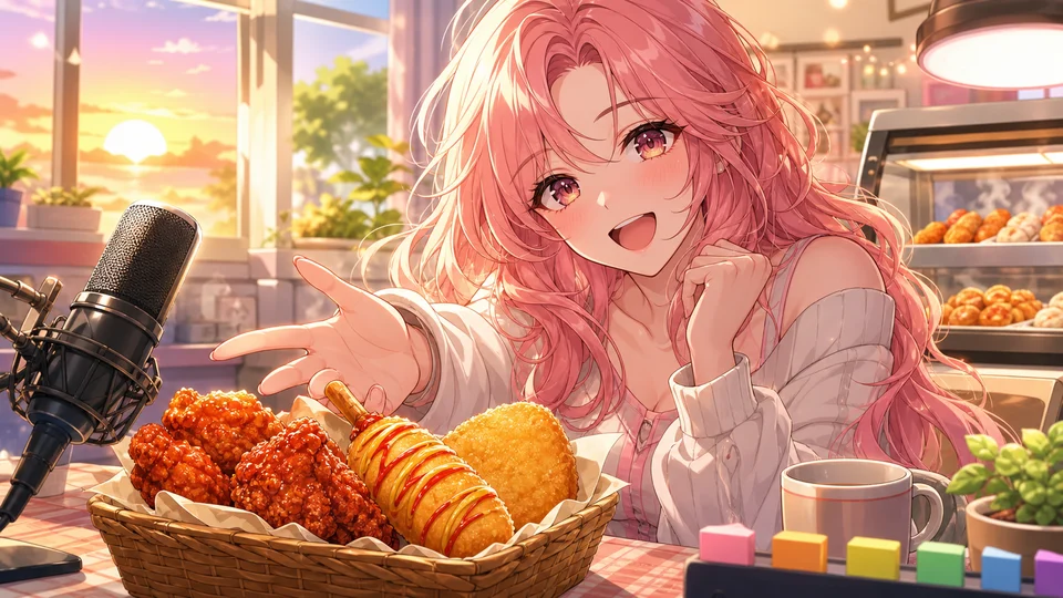 朝の配信デスクでホットスナックと配信マイクを前に話題を整理するオリジナル女性キャラクターのイメージ